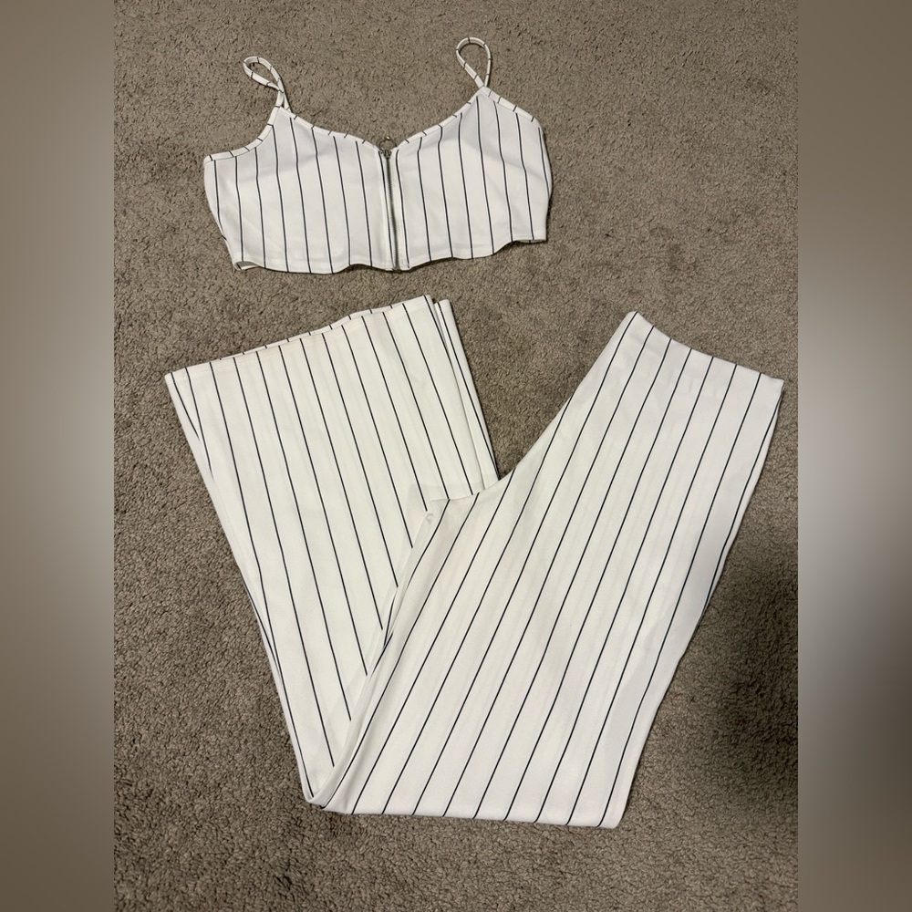White Pinstripe Two-Piece Set - Crop Top & High-Waist Pants